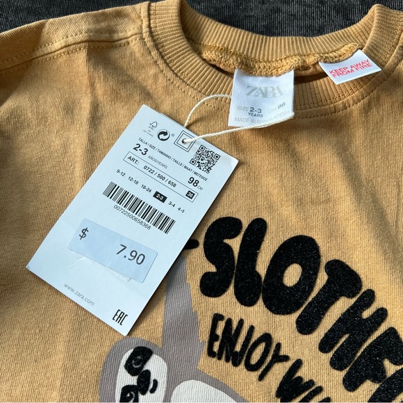 NWT Zara Sloth Shirt Size 2-3 Years - Picture 3 of 5